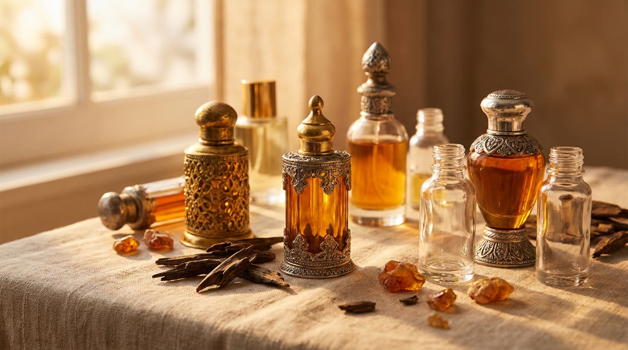 Oosterse parfumflessen met oud-hout en amber